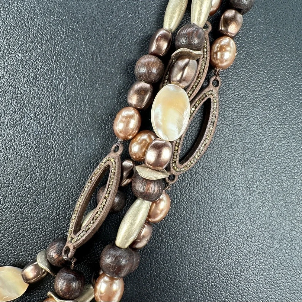 Coldwater Creek Layered Beaded Necklace Brown and Mother of Pearl Adjustable